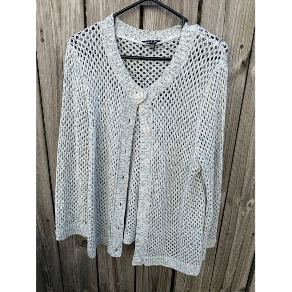 Boho Crochet Open Knit Cable & Gauge Cardigan XL Blue White Marled Mesh Sweater
